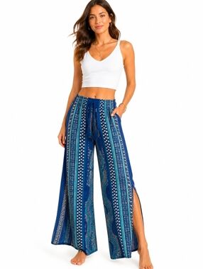Boho Blue Open Leg Palazzo Pants Beach Resort Flowy Slit Wide Leg S